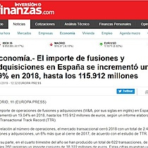 El importe de fusiones y adquisiciones en Espaa se increment un 19% en 2018, hasta los 115.912 millones